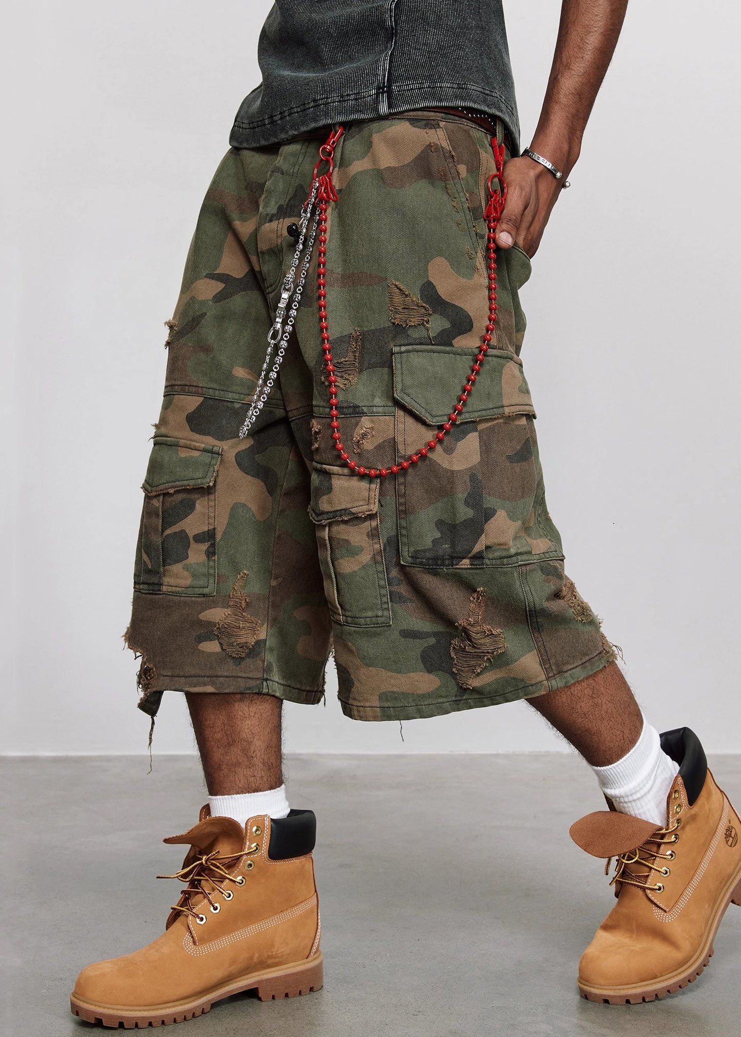 Hole Mens Pants Camouflage Cool Pockets Waist High Summer Cotton Crop