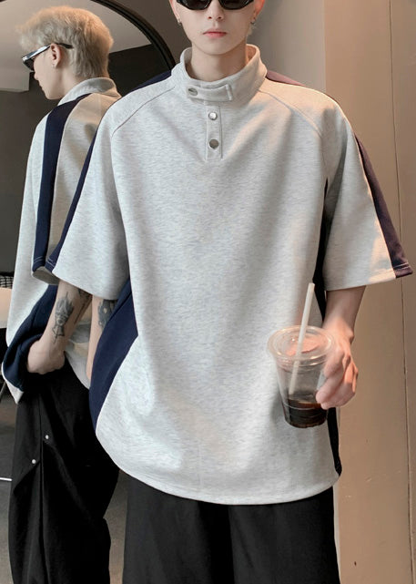 Stand Cool Cotton Grey Patchwork Mens Summer Collar Tees Graphic