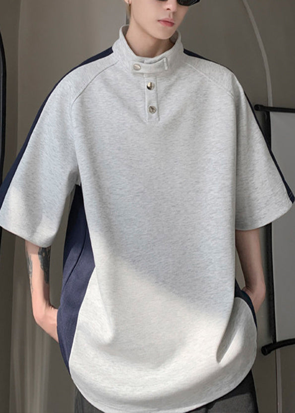 Stand Cool Cotton Grey Patchwork Mens Summer Collar Tees Graphic