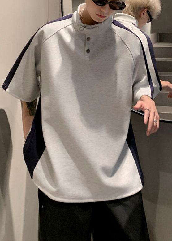 Stand Cool Cotton Grey Patchwork Mens Summer Collar Tees Graphic