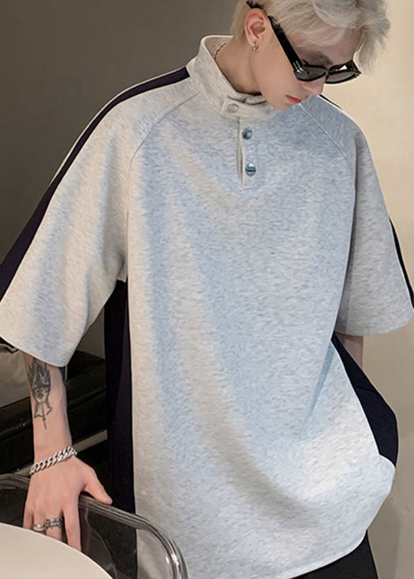 Stand Cool Cotton Grey Patchwork Mens Summer Collar Tees Graphic