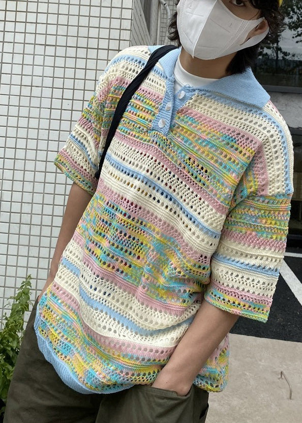Polo Print Knit Cool Shirts Hollow Summer Out