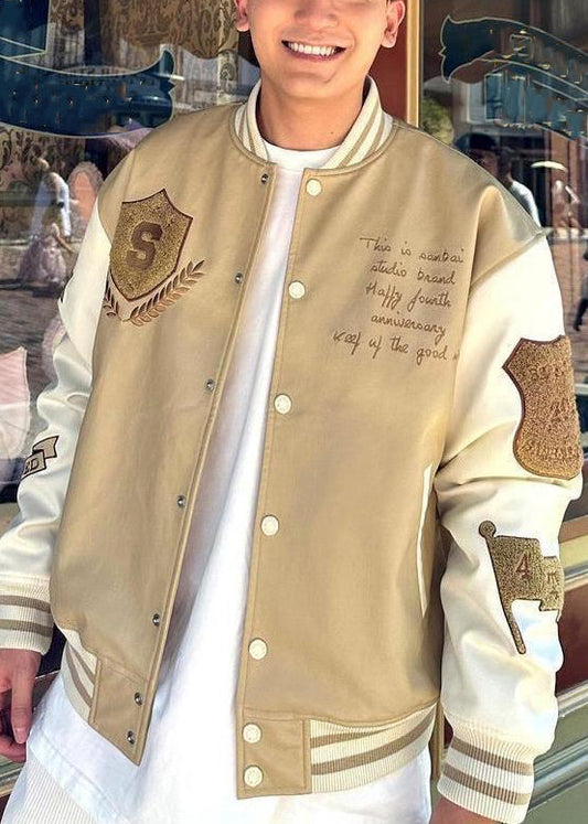 Cool Khaki Embroideried Patchwork Faux Leather Mens Jacket Spring TC059