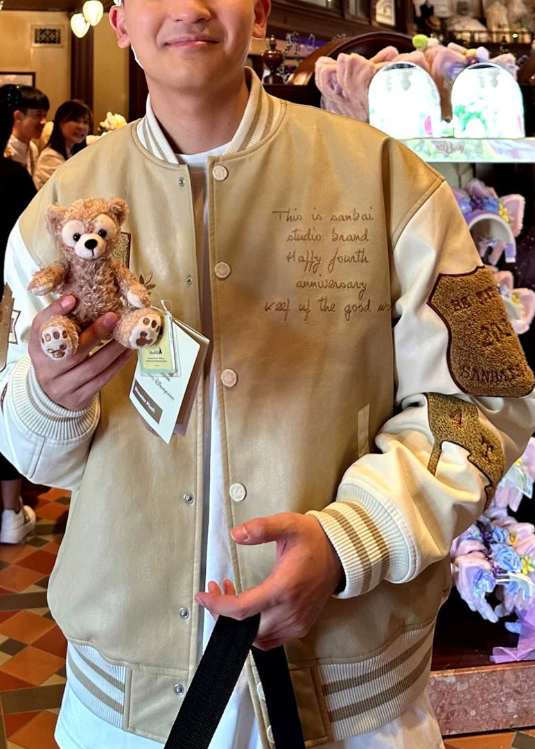 Cool Khaki Embroideried Patchwork Faux Leather Mens Jacket Spring TC059