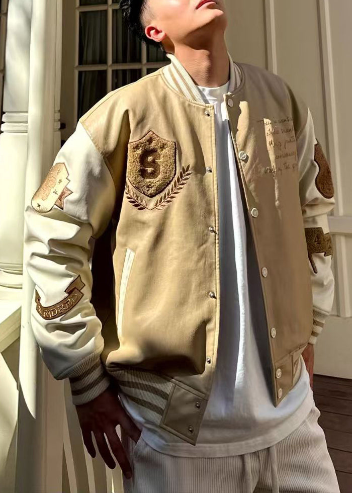 Cool Khaki Embroideried Patchwork Faux Leather Mens Jacket Spring TC059