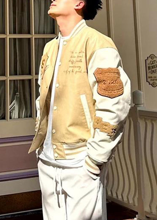 Cool Khaki Embroideried Patchwork Faux Leather Mens Jacket Spring TC059