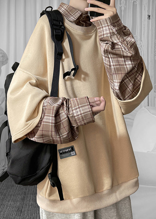 Cool Mens Plaid Peter Patchwork Collar Cotton Pan Khaki