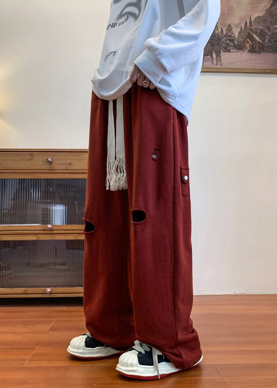 Men Red Spring Long Oversized Ripped Cool Hollow Out Pants