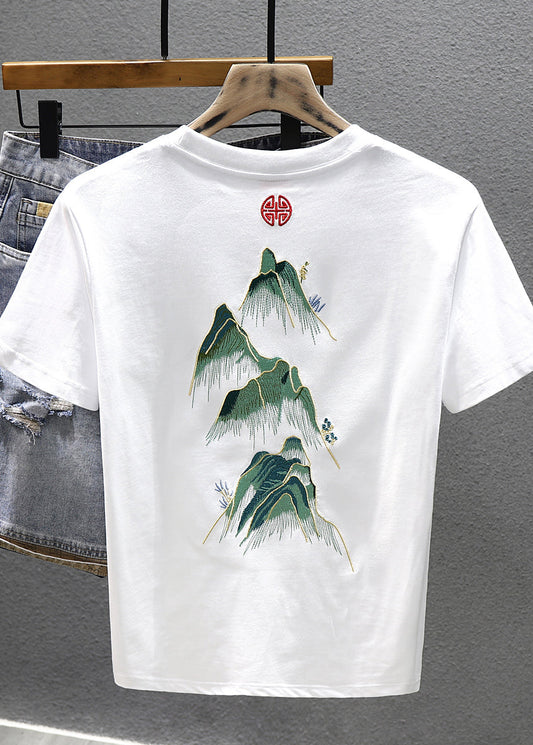 Cool Cotton Embroideried White T Neck O Shirts Men Summer
