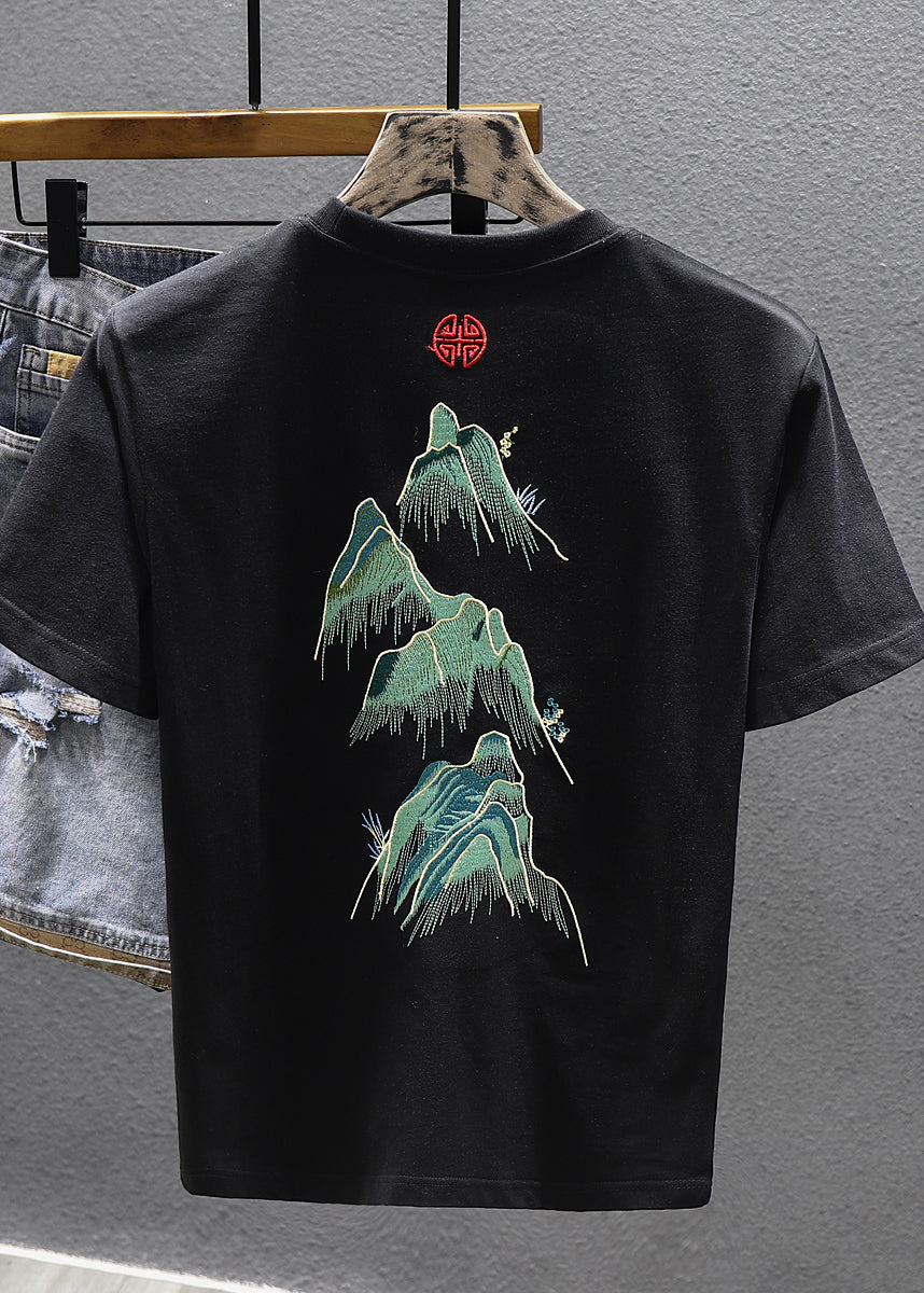 Cool Cotton Embroideried White T Neck O Shirts Men Summer