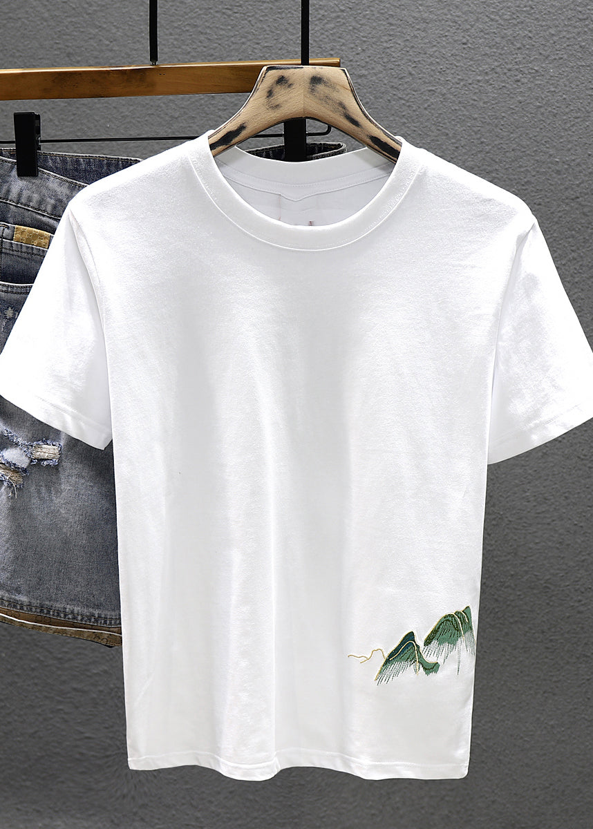 Cool Cotton Embroideried White T Neck O Shirts Men Summer