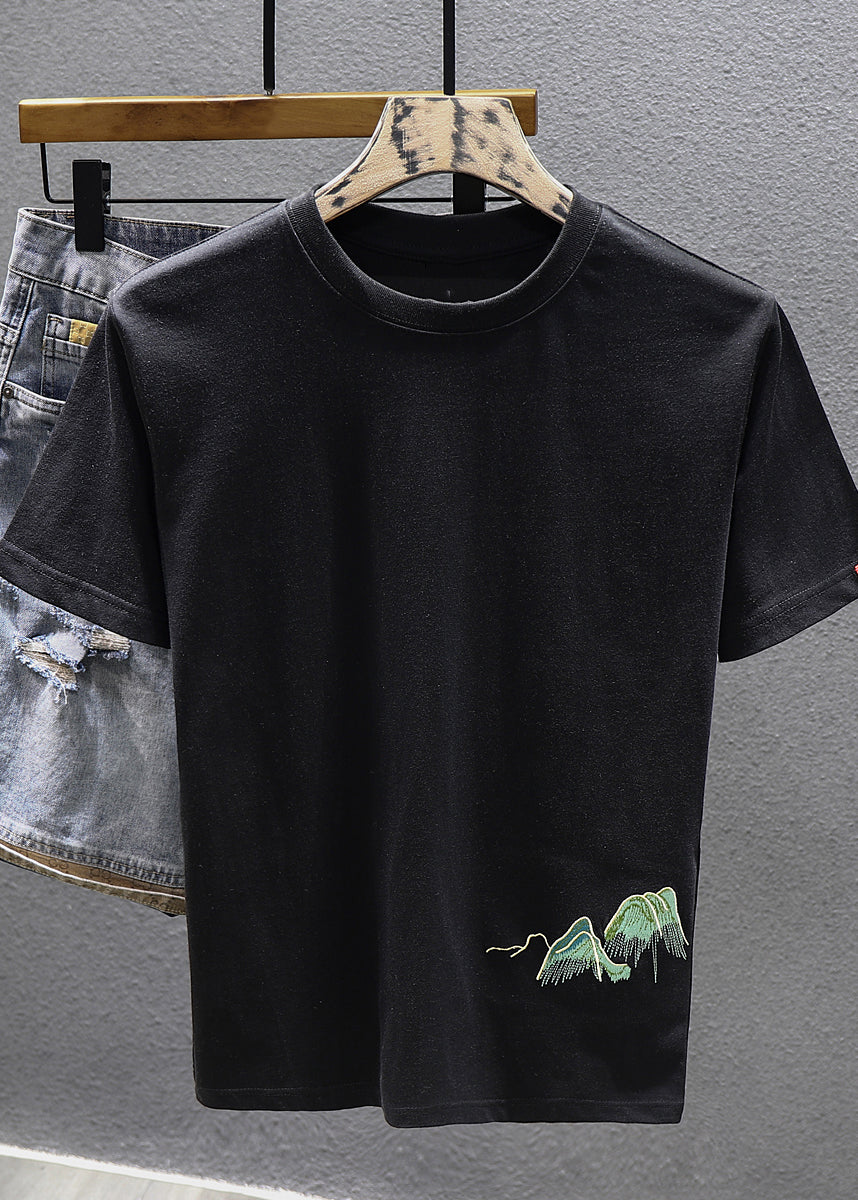 Cool Cotton Embroideried White T Neck O Shirts Men Summer