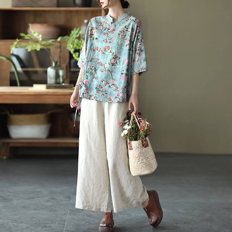 Cotton Linen Women Casual Floral Irregular Vintage Shirt OP1015
