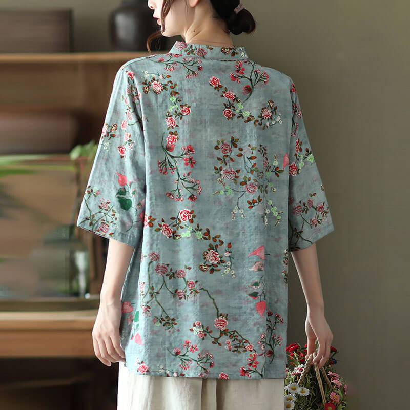 Cotton Linen Women Casual Floral Irregular Vintage Shirt OP1015