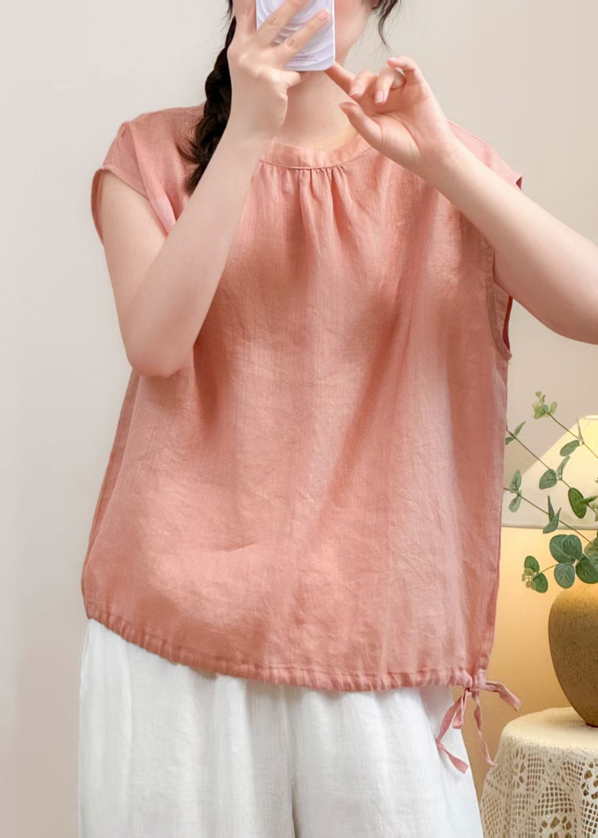 Shirt Linen O Solid Summer Cozy Pink Neck
