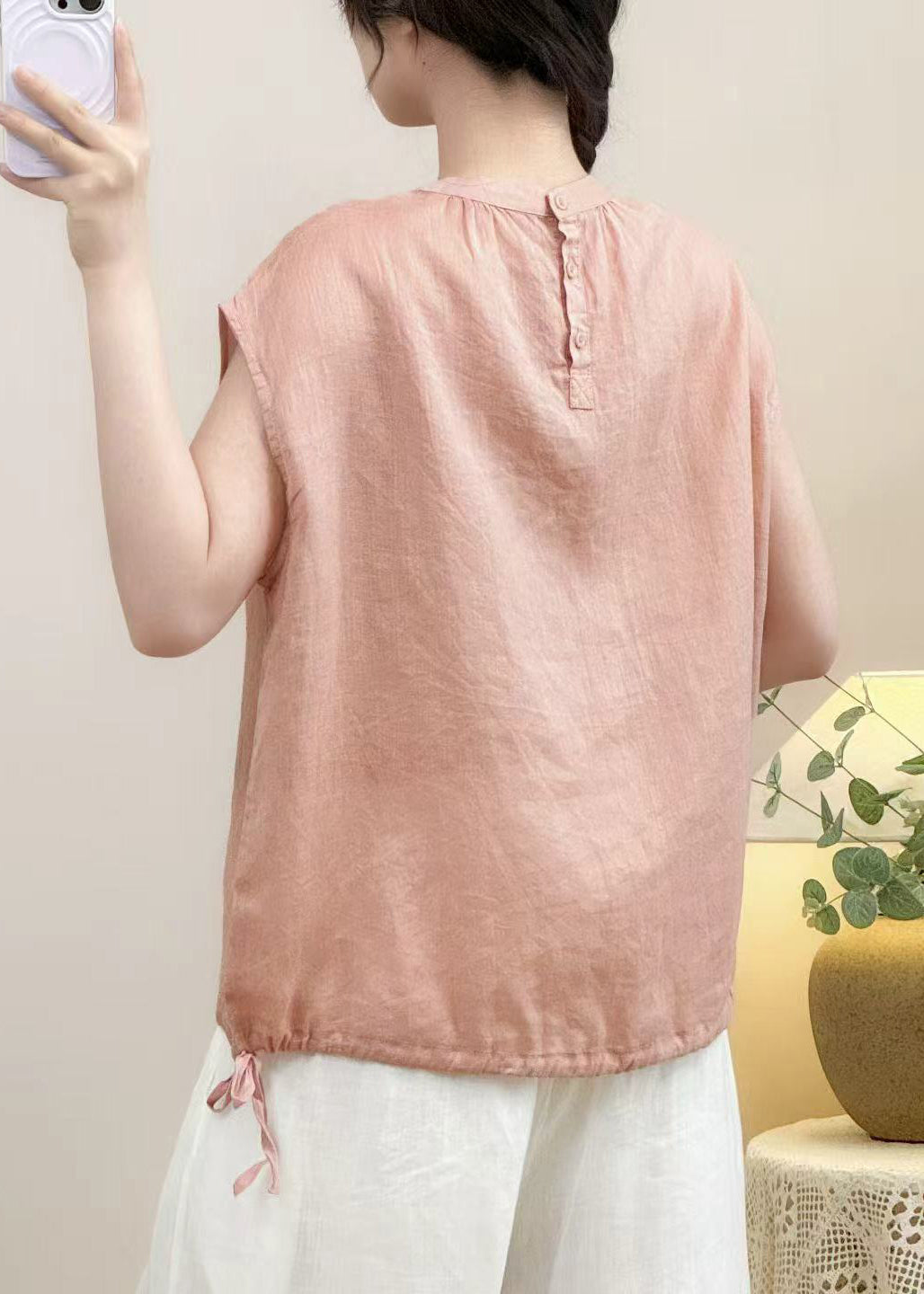 Shirt Linen O Solid Summer Cozy Pink Neck