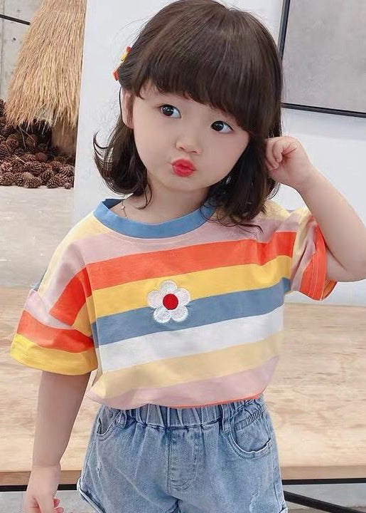 Cozy Rainbow Striped O Neck Cotton Girls T Shirt Summer YU1052