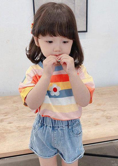 Cozy Rainbow Striped O Neck Cotton Girls T Shirt Summer YU1052