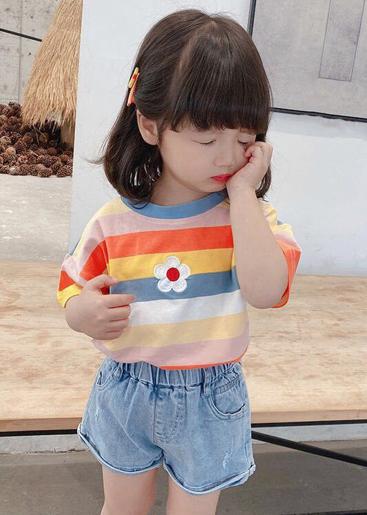 Cozy Rainbow Striped O Neck Cotton Girls T Shirt Summer YU1052