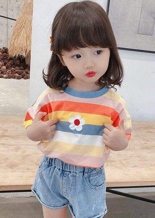 Cozy Rainbow Striped O Neck Cotton Girls T Shirt Summer YU1052