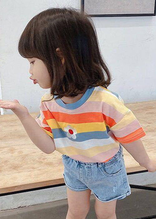 Cozy Rainbow Striped O Neck Cotton Girls T Shirt Summer YU1052