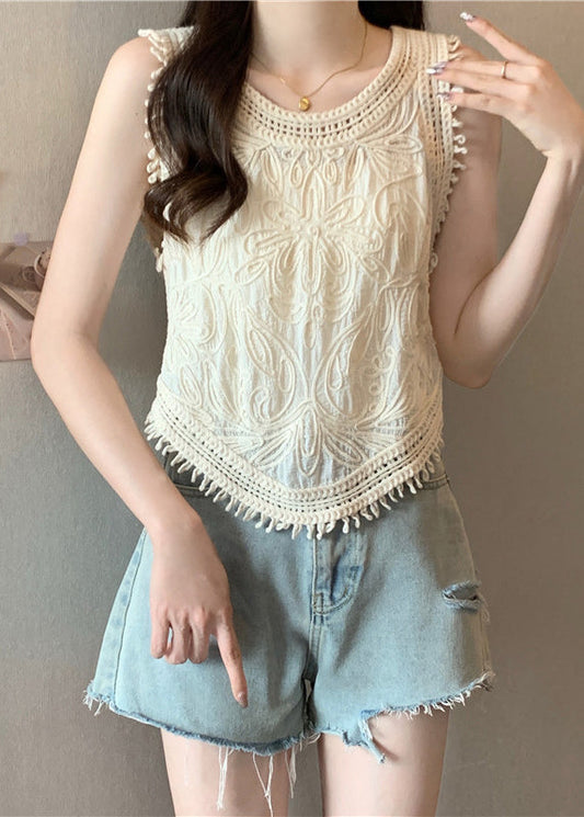 Apricot Lace Vest Sleeveless Tassel O-Neck Cute
