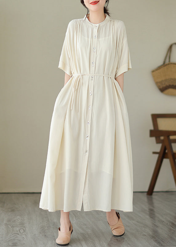 Cute Apricot Tie Waist Long Dress Short Sleeve GH1031