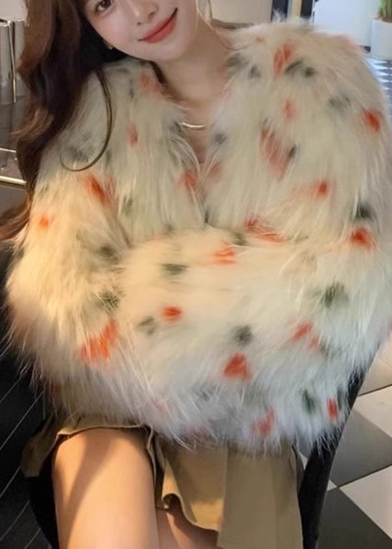 Cute Apricot V Neck Raccoon Hair Print Leather And Fur Coats Winter RD010