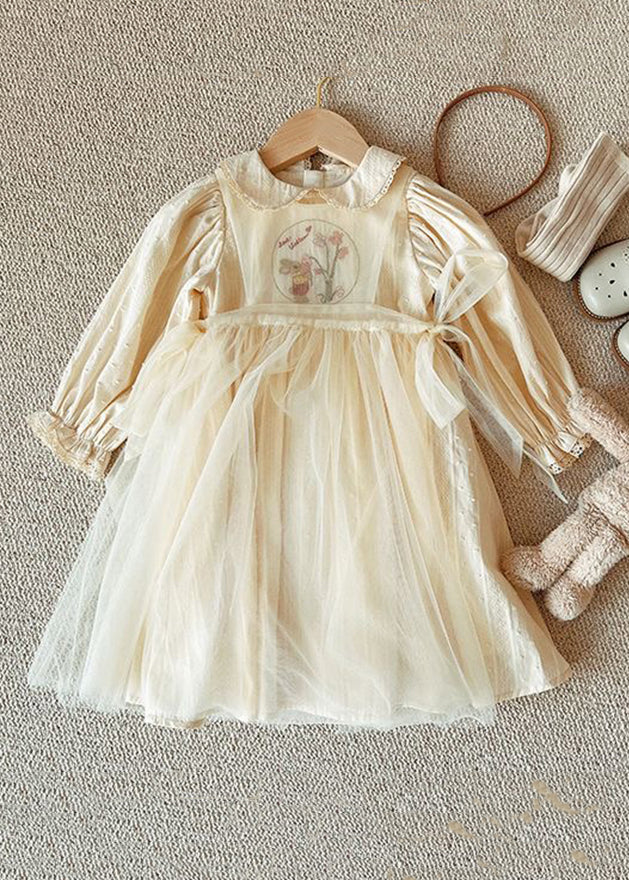 Cute Beige Lace Up Tulle Patchwork Girls Dresses Long Sleeve XZ061