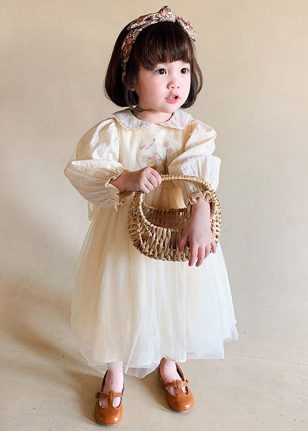 Cute Beige Lace Up Tulle Patchwork Girls Dresses Long Sleeve XZ061