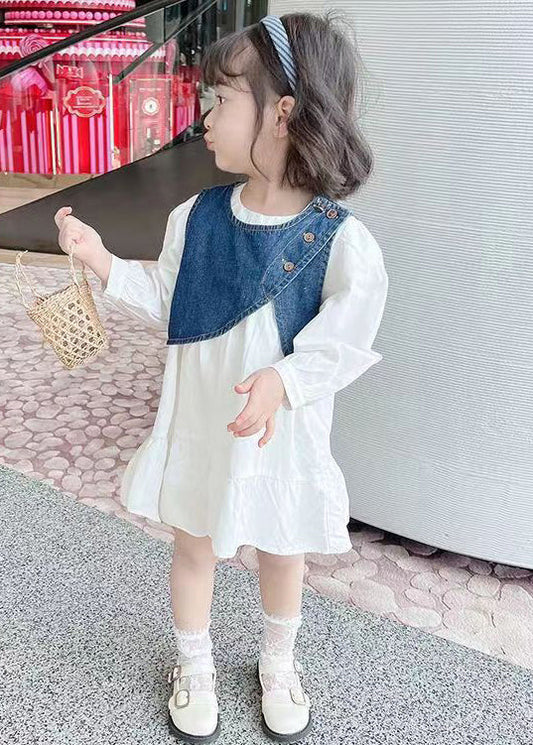 Cute Blue O-Neck Button Cotton Girls Two Pieces Set Long Sleeve XZ080