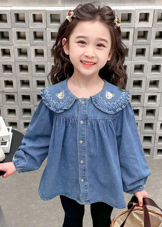 Cute Blue Peter Pan Button Collar Girls Shirt Long Sleeve YU1047