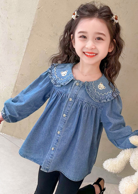 Cute Blue Peter Pan Button Collar Girls Shirt Long Sleeve YU1047