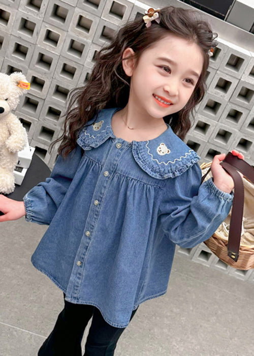 Cute Blue Peter Pan Button Collar Girls Shirt Long Sleeve YU1047