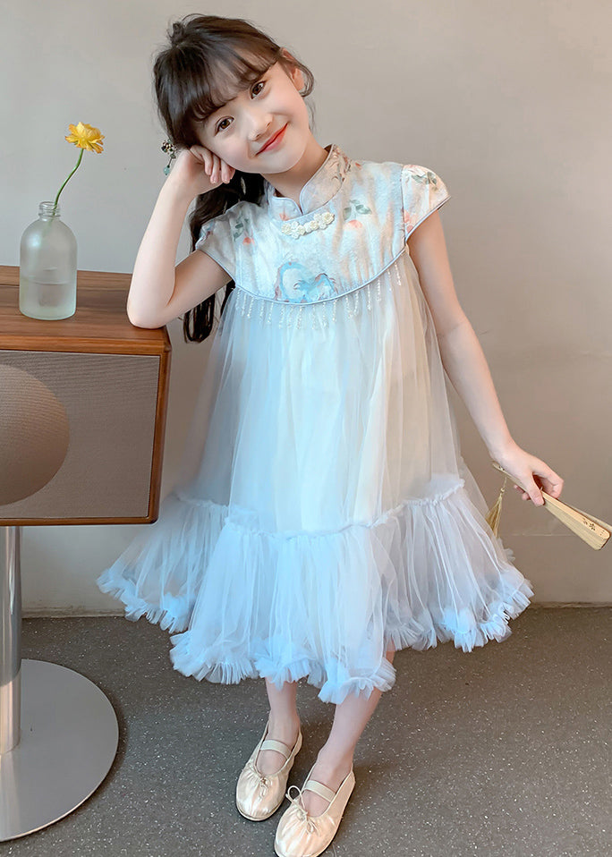 Robe longue d'été en tulle à imprimé patchwork bleu pour enfants MN027