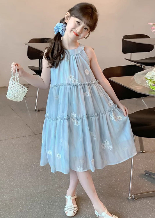 Cute Blue Ruffled Button Print Chiffon Girls Dress Sleeveless EW059