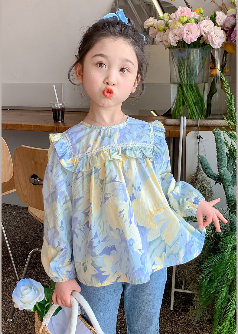 Cute Blue Ruffled Print Cotton Girls Blouses Spring YU1039