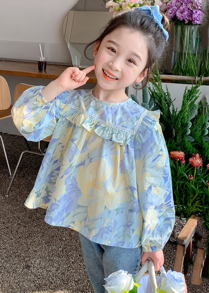 Cute Blue Ruffled Print Cotton Girls Blouses Spring YU1039