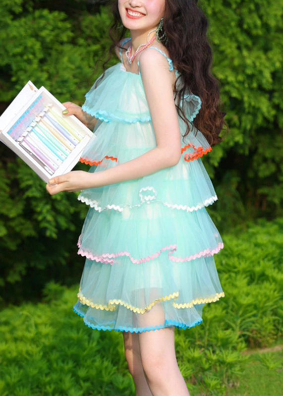 Cute Blue Slash Neck Patchwork Spaghetti Strap Cake Dress Summer UU1036