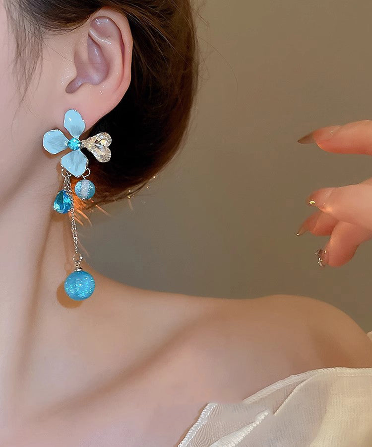 Floral Blue Zircon Alloy Drop Cute Tassel Resin Silver Srerling