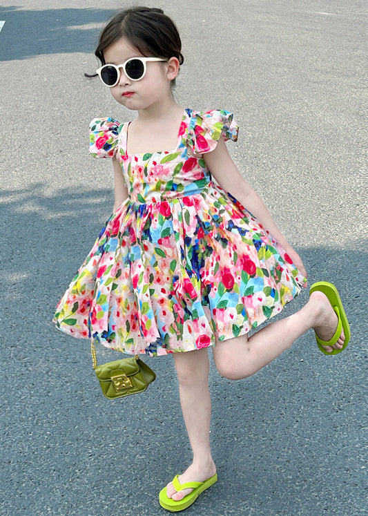 Cute Colorblock Backless Print Cotton Girls Mid Dress Summer EW039