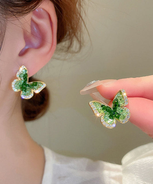 Green Copper Earrings Crystal Stud Zircon Cute Butterfly