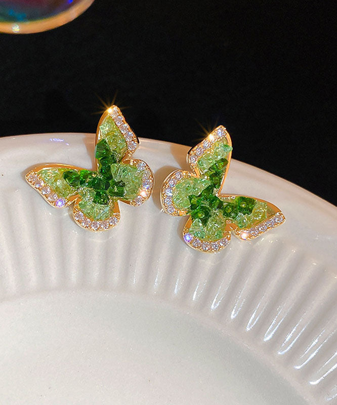 Green Copper Earrings Crystal Stud Zircon Cute Butterfly
