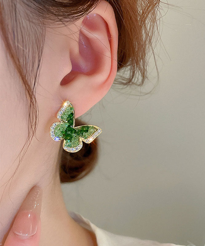 Green Copper Earrings Crystal Stud Zircon Cute Butterfly