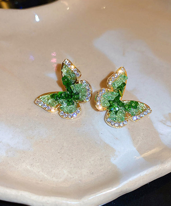 Green Copper Earrings Crystal Stud Zircon Cute Butterfly