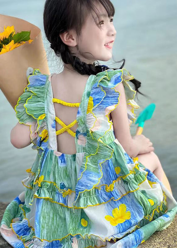 Cute Green Ruffled Print Cotton Girls Mid Dress Summer EW036