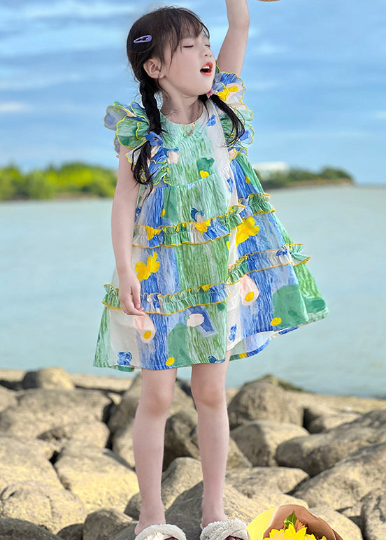Cute Green Ruffled Print Cotton Girls Mid Dress Summer EW036