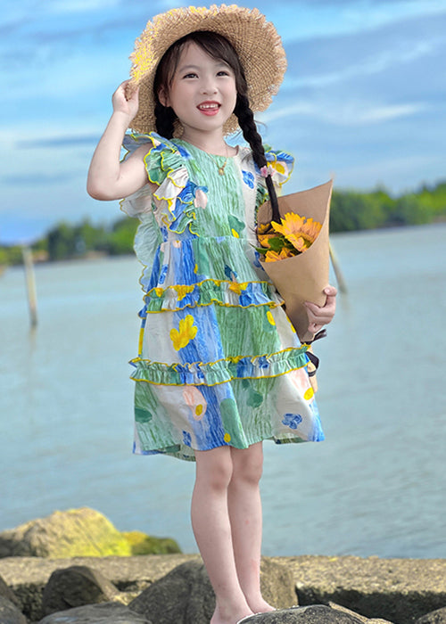 Cute Green Ruffled Print Cotton Girls Mid Dress Summer EW036