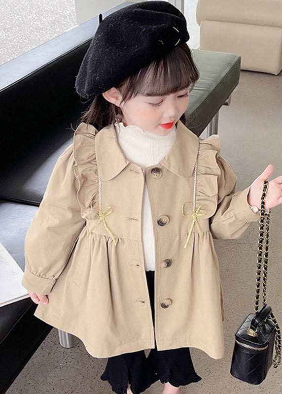 Cute Khaki Peter Pan Collar Wrinkled Button Girls Trench Coat Fall QV039