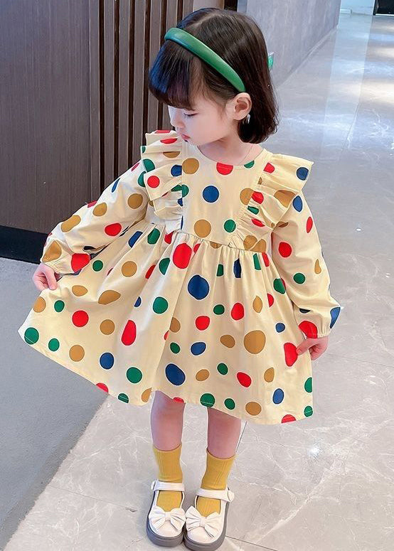 Cute Khaki Ruffled Print Cotton Girls Robe Dresses Long Sleeve XZ096